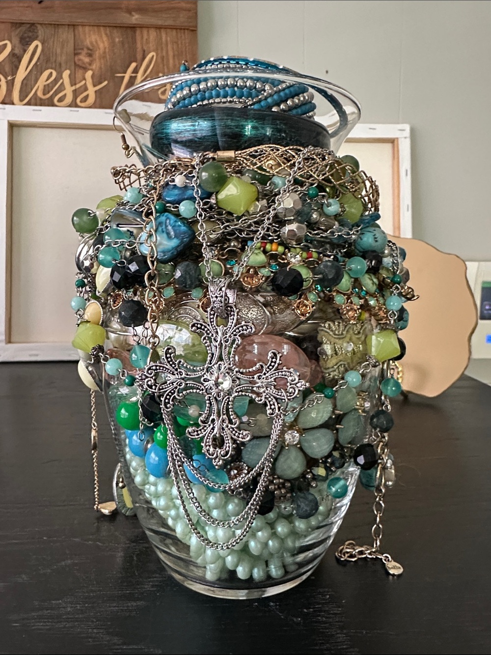 Boho Green & Turquoise Bead Mystery Jewelry Jar with Ornate Cross Pendant